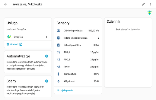 Zrzut ekranu encji integracji SmogTok